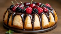 Homemade bundt cake decorated with chocolate ganache drips and fresh seasonal berries including raspberries and blackberries on rustic wooden surface.