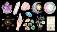 Mystical clipart set with crystals, tarot card, zodiac wheel, hand, moon, and lavender on transparent background, ready for stickers, sublimation, and t-shirt design.
