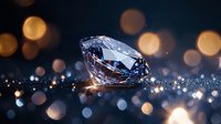 Sparkling diamond on dark surface with golden bokeh lights in background creates luxurious atmosphere. Precious gem reflects and refracts light dramatically.