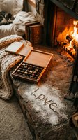 Cozy fireplace scene with open wooden box of assorted chocolates, love written in sugar on stone hearth, knit blanket and books in warm light.