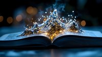 Open book with magical glowing particles and light effects creating fantasy atmosphere on dark background with bokeh lights for education concepts.