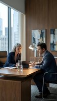 Two professionals in business attire conduct a meeting in a modern high-rise office with floor-to-ceiling windows overlooking a city skyline, wooden paneling, and contemporary artwork on walls.