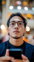 Young Asian male professional wearing glasses and casual attire looking upward with confident expression against blurred bokeh background, holding smartphone device.