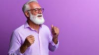 Senior man with white beard and glasses expressing joy and success against purple background, wearing light shirt, showing winning gesture.