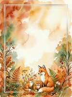 Watercolor autumn fox family with cubs surrounded by fall foliage and berries on textured background for seasonal greeting cards and invitations.