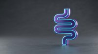 Glowing neon dollar sign symbol with purple and blue gradient lighting effects on dark background for financial technology and business concepts.