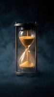 Hourglass with flowing golden sand against dark moody background, symbolizing passage of time, deadline, urgency and temporal concepts for business and productivity designs.