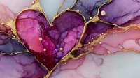 Abstract heart shape in pink and purple alcohol ink with gold veining on white background for romantic designs and Valentine's Day projects.