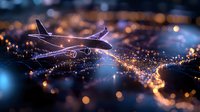 Commercial passenger aircraft flying over illuminated city at night with bokeh lights effect creating magical atmosphere of night travel and transportation.