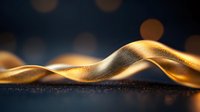 Elegant golden wave with shimmering texture flows across dark background, creating luxurious abstract composition with soft bokeh lights and metallic surface.