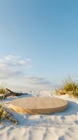 Round wooden podium on white sand beach with driftwood and grass under blue sky, natural product display platform for summer branding.