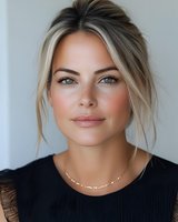 Young Caucasian woman with blonde hair in casual updo, natural makeup, freckles, and delicate necklace wearing black top against light background, soft studio lighting.