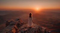 Woman in white dress standing on rocky cliff edge watching golden sunset over desert landscape with warm orange sky and mountain silhouettes in distance.