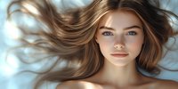 Young woman with flowing brown hair and blue eyes against light background, natural makeup look and bare shoulders creating ethereal beauty portrait.
