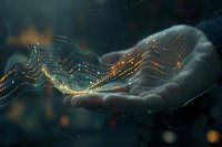 Human hand holding flowing digital particles with golden lights representing data streams, technology innovation and futuristic connectivity concepts.