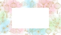 Elegant Asian-inspired frame with golden lanterns, cherry blossoms and decorative clouds on pastel watercolor background for festive designs.