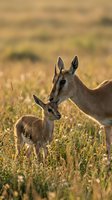 Tender moment between mother antelope and young fawn in golden grassland during warm sunset light showcasing maternal bond in natural wildlife habitat.