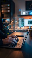 Hands typing on laptop with glowing cloud computing hologram displaying network connections and data transfer in modern office environment.