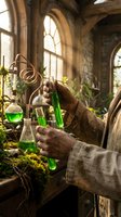 Medieval alchemist hands holding green potion test tubes in ancient stone laboratory with gothic windows and copper equipment for fantasy storytelling.