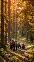 Brown bear mother walking forest path with three cubs in golden sunlight filtering through tall evergreen trees, wildlife family scene.