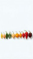 Colorful hot chili peppers arranged in row from mild to spicy on white background. Fresh organic vegetables for cooking and seasoning recipes.