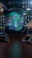 Hands holding glowing digital key with circuit board pattern, cybersecurity and data protection concept for technology, encryption, and network security applications.
