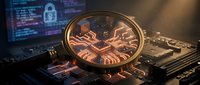 Cybersecurity concept with magnifying glass revealing circuit board patterns on computer motherboard with security code background for technology protection.