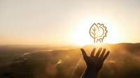 Silhouetted hand holding leaf and gear icon against golden sunrise sky over misty landscape, representing sustainable innovation and eco-friendly technology solutions.