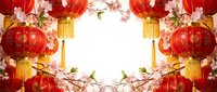 Chinese New Year festive frame with red lanterns and cherry blossoms on white background for holiday greeting cards and celebration designs.
