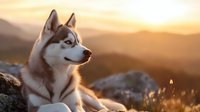 Majestic Siberian husky dog resting on mountain peak at sunset, gazing into distance with alert expression against golden mountain landscape.