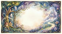 Enchanted fairy tale landscape with magical castle, ancient tree and ornate floral border frame creating mystical fantasy world for storytelling and design projects.