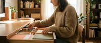 Young woman with dark hair and medium skin tone, wearing a beige cardigan, working on architectural plans at a wooden desk in a bright home office with plants and shelving.