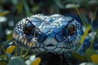 Close-up macro photograph of blue python snake head with detailed scales and piercing eyes among green foliage, showing intricate reptilian texture and pattern.