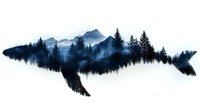 Double exposure silhouette of whale combining misty mountain landscape and pine forest in blue watercolor style on white background, suitable for nature art prints.