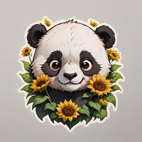 Cute panda bear face surrounded by bright sunflowers and green leaves on isolated background, sticker style artwork for merchandise and decorative designs.