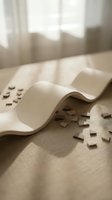Rolled white fabric with scattered wooden puzzle pieces on neutral linen surface near bright window, conveying creativity and problem-solving concepts.