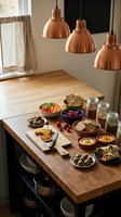 Modern kitchen island with copper pendant lights featuring healthy snacks, nuts, fruits and organic ingredients arranged on wooden cutting boards.