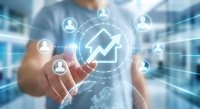 Business professional touching digital growth chart with connected user network icons representing team collaboration and data analytics success.