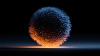 Abstract glowing particle sphere with orange and blue gradient colors floating above reflective surface on dark background for digital art projects.