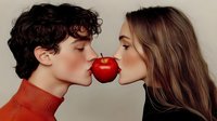 Young diverse couple sharing red apple in romantic pose, side view portrait against neutral background. Conceptual shot representing temptation, love and relationship.