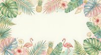 Tropical summer frame with palm leaves, hibiscus flowers, pineapples and flamingos on cream background. Perfect for vacation designs and summer projects.