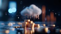 Glowing stacks of coins under floating cloud with digital rain pattern, financial technology concept representing cloud computing and digital banking solutions.