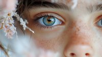 Close-up of young woman with striking blue-green eyes, freckles, and delicate white flowers near her face, creating a dreamy spring portrait.