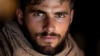 Dramatic portrait of bearded young man with intense gaze wearing brown scarf in moody lighting, dark background creates atmospheric cinematic effect.