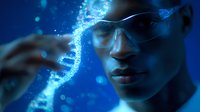 Young African American man in glasses examining glowing blue DNA helix structure against dark background with bokeh effect and digital particles.