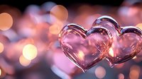 Transparent glass hearts with romantic bokeh lights in pink and golden tones creating dreamy atmosphere. Love concept for Valentine's day and wedding designs.