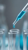 Laboratory pipette dropping blue liquid into test tubes for scientific research and chemical analysis experiments.