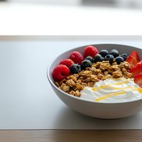 Healthy breakfast bowl with granola, fresh berries, and yogurt on wooden table. Nutritious morning meal with raspberries, blueberries for wellness lifestyle.