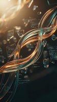Abstract flowing ribbons with golden orange and teal colors over dark background with digital code elements and bright lens flare effects.