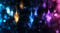 Glowing magical crystals floating in mystical space with blue, gold and purple bokeh lights creating ethereal atmosphere. Isolated fantasy elements on dark background.